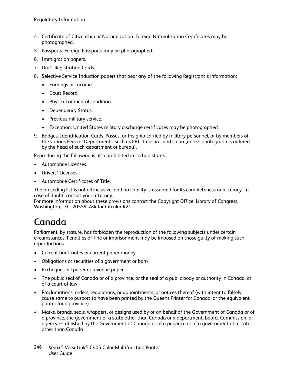 Canada, Ccaannaaddaa | Xerox VersaLink C405/DN All-in-One Color Laser Printer User Manual | Page 246 / 271