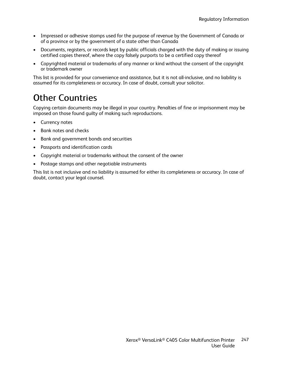 Other countries, Ootthheerr c coouunnttrriieess | Xerox VersaLink C405/DN All-in-One Color Laser Printer User Manual | Page 247 / 271