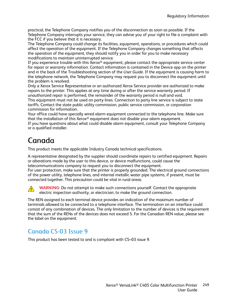 Canada, Canada cs-03 issue 9, Ccaannaaddaa | Xerox VersaLink C405/DN All-in-One Color Laser Printer User Manual | Page 249 / 271