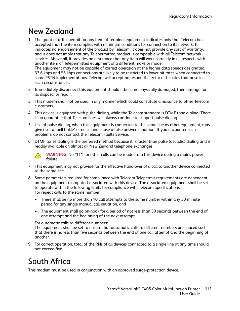 New zealand, South africa, New zealand south africa | Nneew w zzeeaallaanndd, Ssoouutthh a affrriiccaa | Xerox VersaLink C405/DN All-in-One Color Laser Printer User Manual | Page 251 / 271