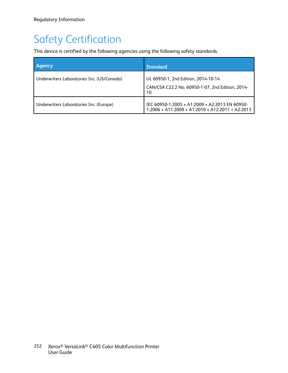 Safety certification | Xerox VersaLink C405/DN All-in-One Color Laser Printer User Manual | Page 252 / 271