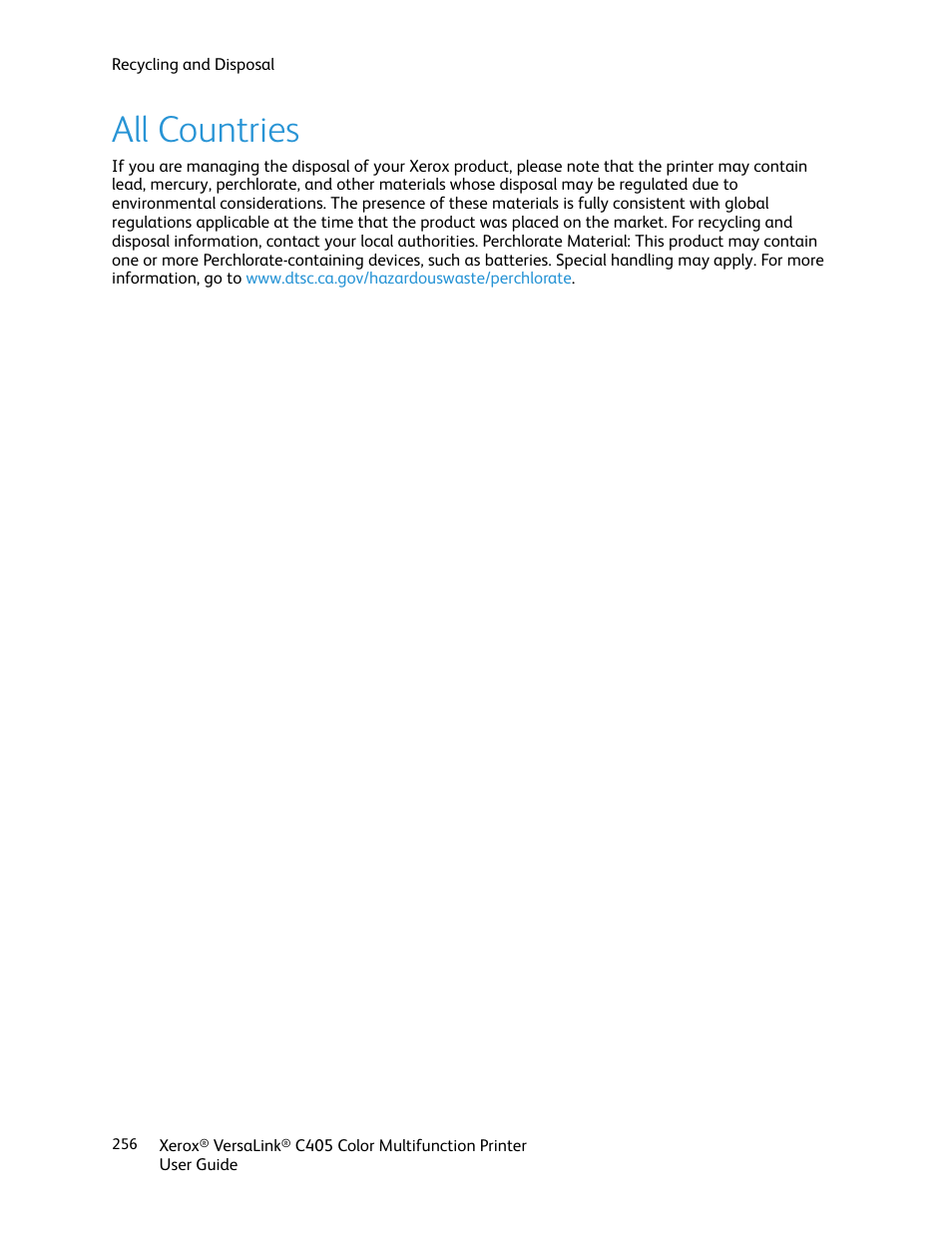 All countries | Xerox VersaLink C405/DN All-in-One Color Laser Printer User Manual | Page 256 / 271