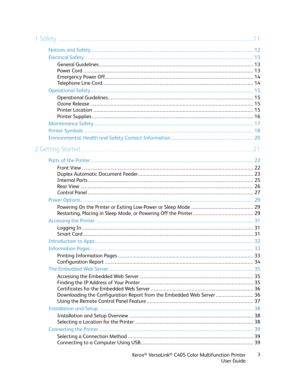 1 safety, 2 getting started | Xerox VersaLink C405/DN All-in-One Color Laser Printer User Manual | Page 3 / 271