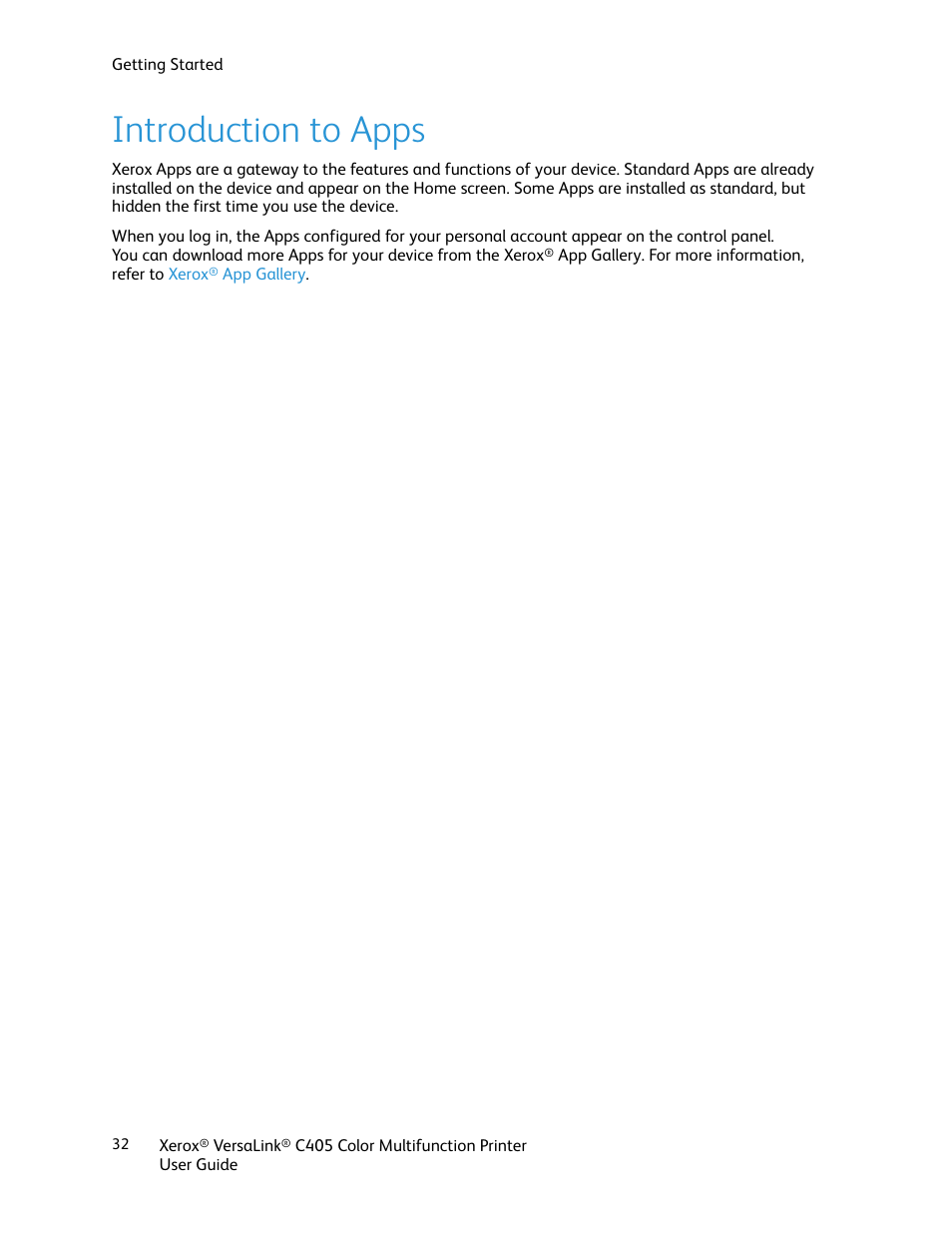 Introduction to apps | Xerox VersaLink C405/DN All-in-One Color Laser Printer User Manual | Page 32 / 271