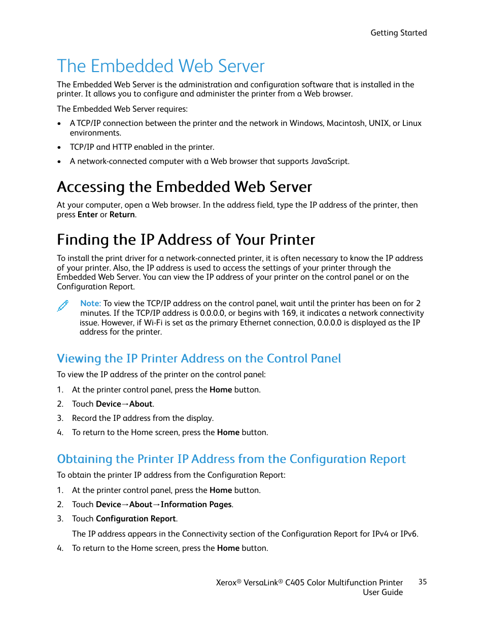 The embedded web server, Accessing the embedded web server, Finding the ip address of your printer | Xerox VersaLink C405/DN All-in-One Color Laser Printer User Manual | Page 35 / 271