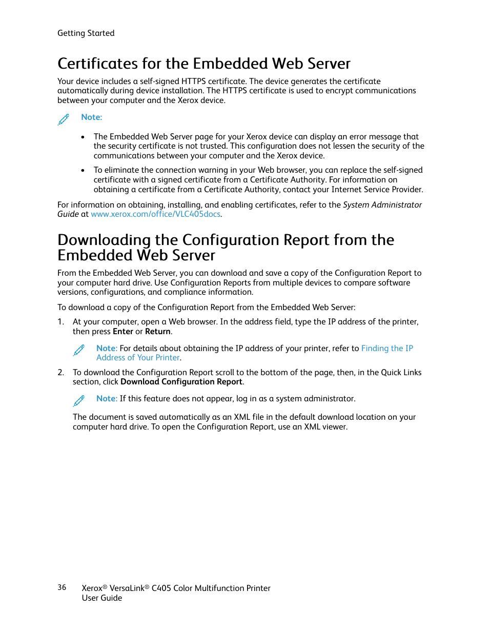 Certificates for the embedded web server | Xerox VersaLink C405/DN All-in-One Color Laser Printer User Manual | Page 36 / 271