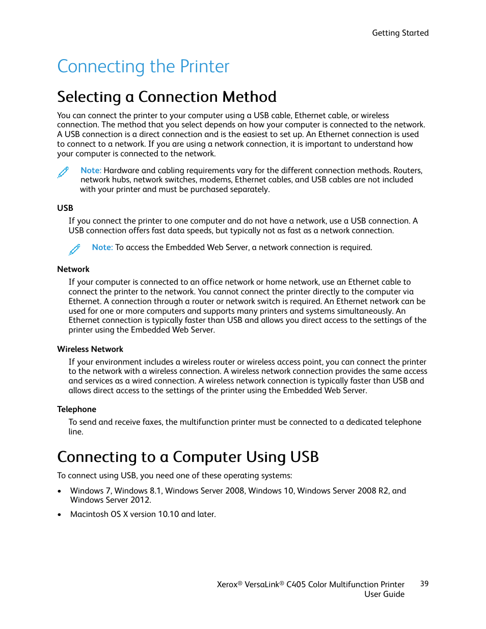 Connecting the printer, Selecting a connection method, Connecting to a computer using usb | Xerox VersaLink C405/DN All-in-One Color Laser Printer User Manual | Page 39 / 271