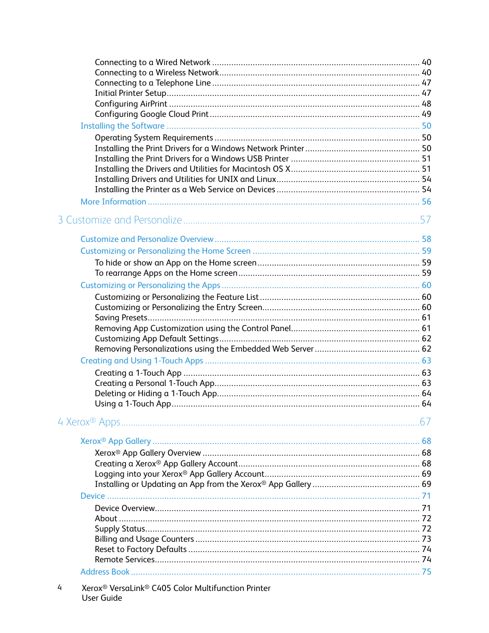 3 customize and personalize, 4 xerox, Apps | Xerox VersaLink C405/DN All-in-One Color Laser Printer User Manual | Page 4 / 271