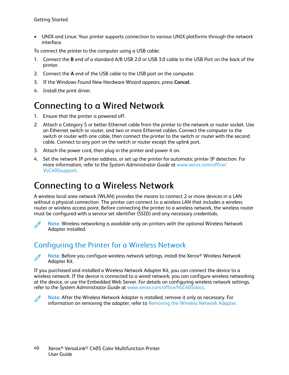 Connecting to a wired network, Connecting to a wireless network, Configuring the printer for a wireless network | Xerox VersaLink C405/DN All-in-One Color Laser Printer User Manual | Page 40 / 271