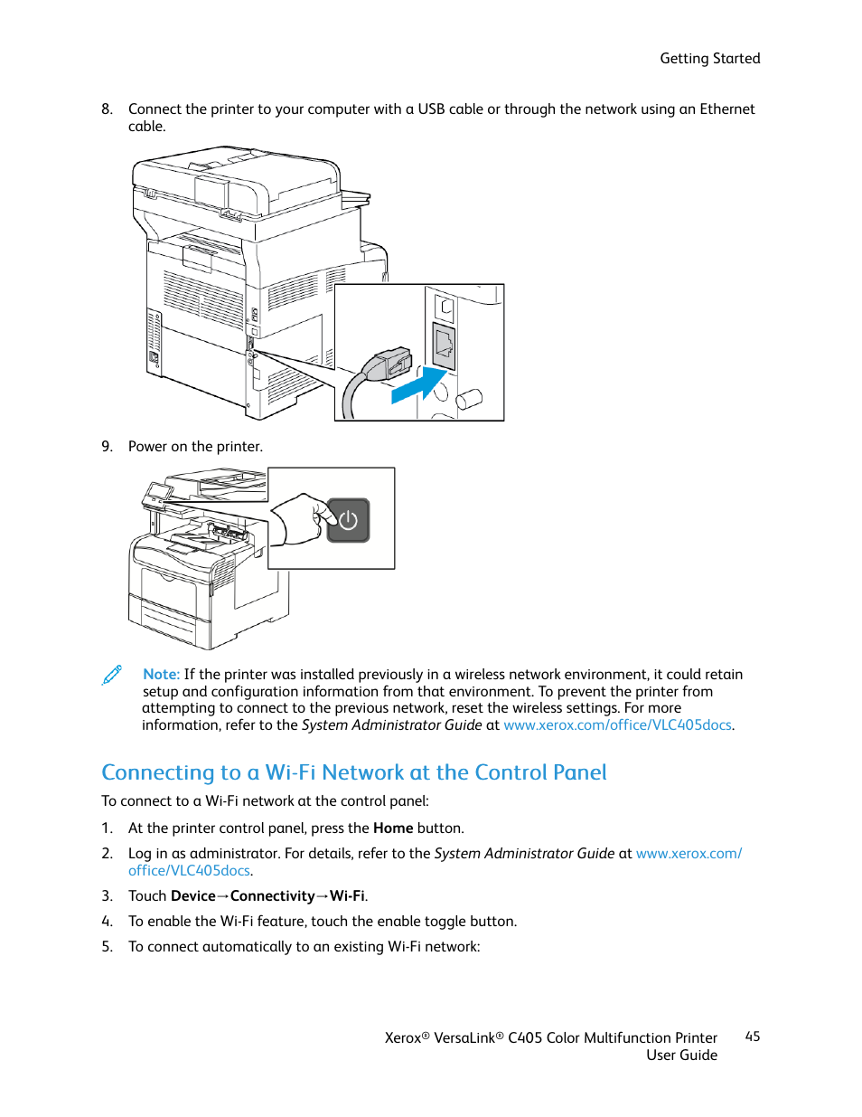 Connecting to a wi-fi network at the control panel | Xerox VersaLink C405/DN All-in-One Color Laser Printer User Manual | Page 45 / 271