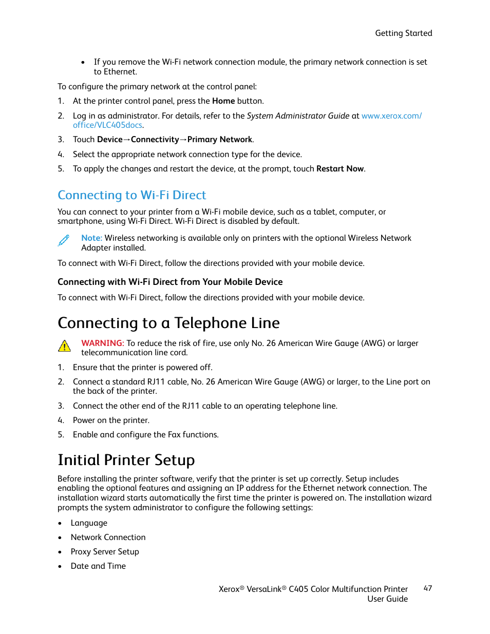 Connecting to wi-fi direct, Connecting to a telephone line, Initial printer setup | Iinniittiiaall pprriinntteerr sseettuupp | Xerox VersaLink C405/DN All-in-One Color Laser Printer User Manual | Page 47 / 271
