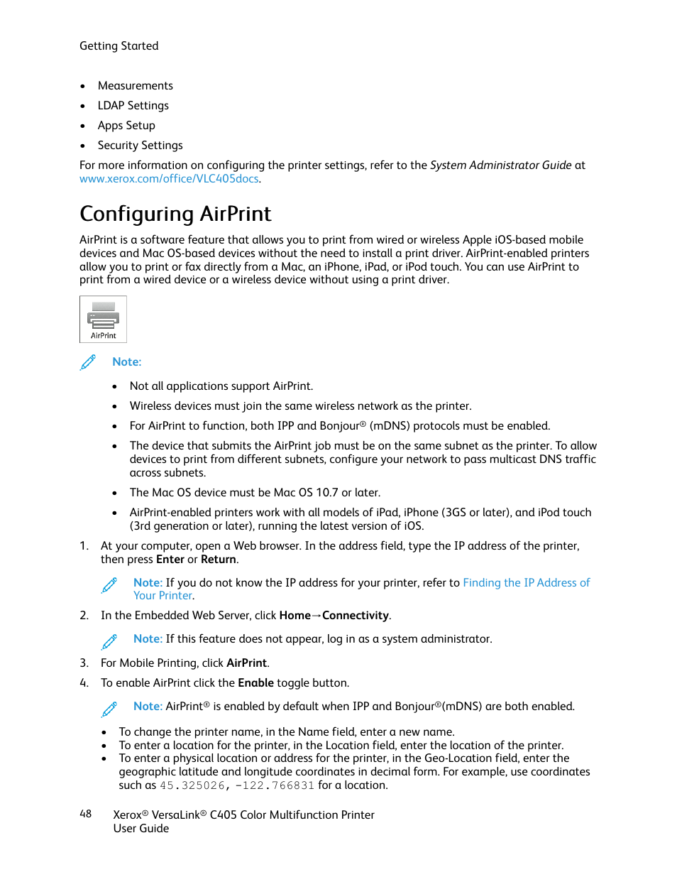 Configuring airprint, Ccoonnffiigguurriinngg a aiirrpprriinntt | Xerox VersaLink C405/DN All-in-One Color Laser Printer User Manual | Page 48 / 271
