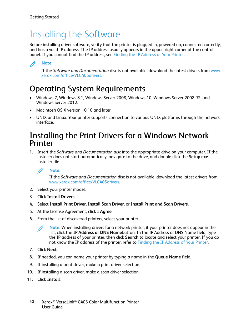 Installing the software, Operating system requirements | Xerox VersaLink C405/DN All-in-One Color Laser Printer User Manual | Page 50 / 271