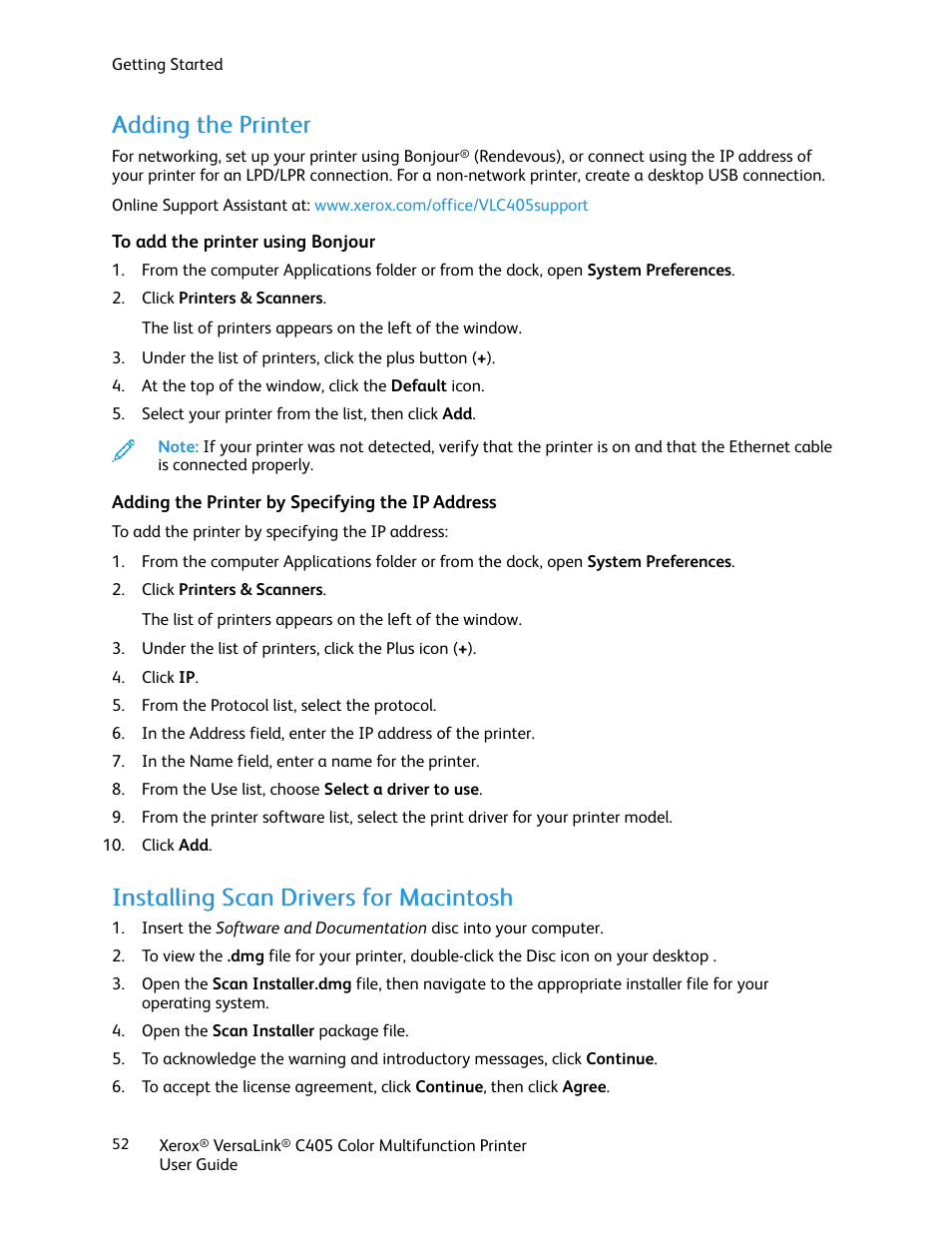 Adding the printer, To add the printer using bonjour, Adding the printer by specifying the ip address | Installing scan drivers for macintosh | Xerox VersaLink C405/DN All-in-One Color Laser Printer User Manual | Page 52 / 271