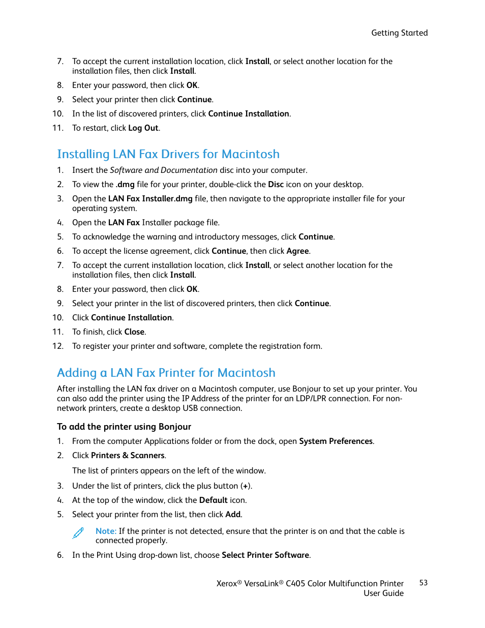 Installing lan fax drivers for macintosh, Adding a lan fax printer for macintosh, To add the printer using bonjour | Xerox VersaLink C405/DN All-in-One Color Laser Printer User Manual | Page 53 / 271