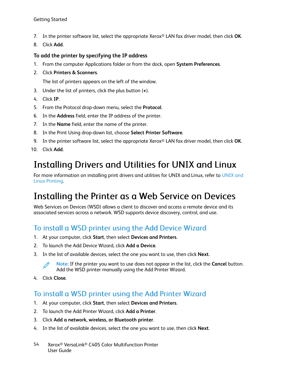 To add the printer by specifying the ip address, Installing the printer as a web service on devices | Xerox VersaLink C405/DN All-in-One Color Laser Printer User Manual | Page 54 / 271