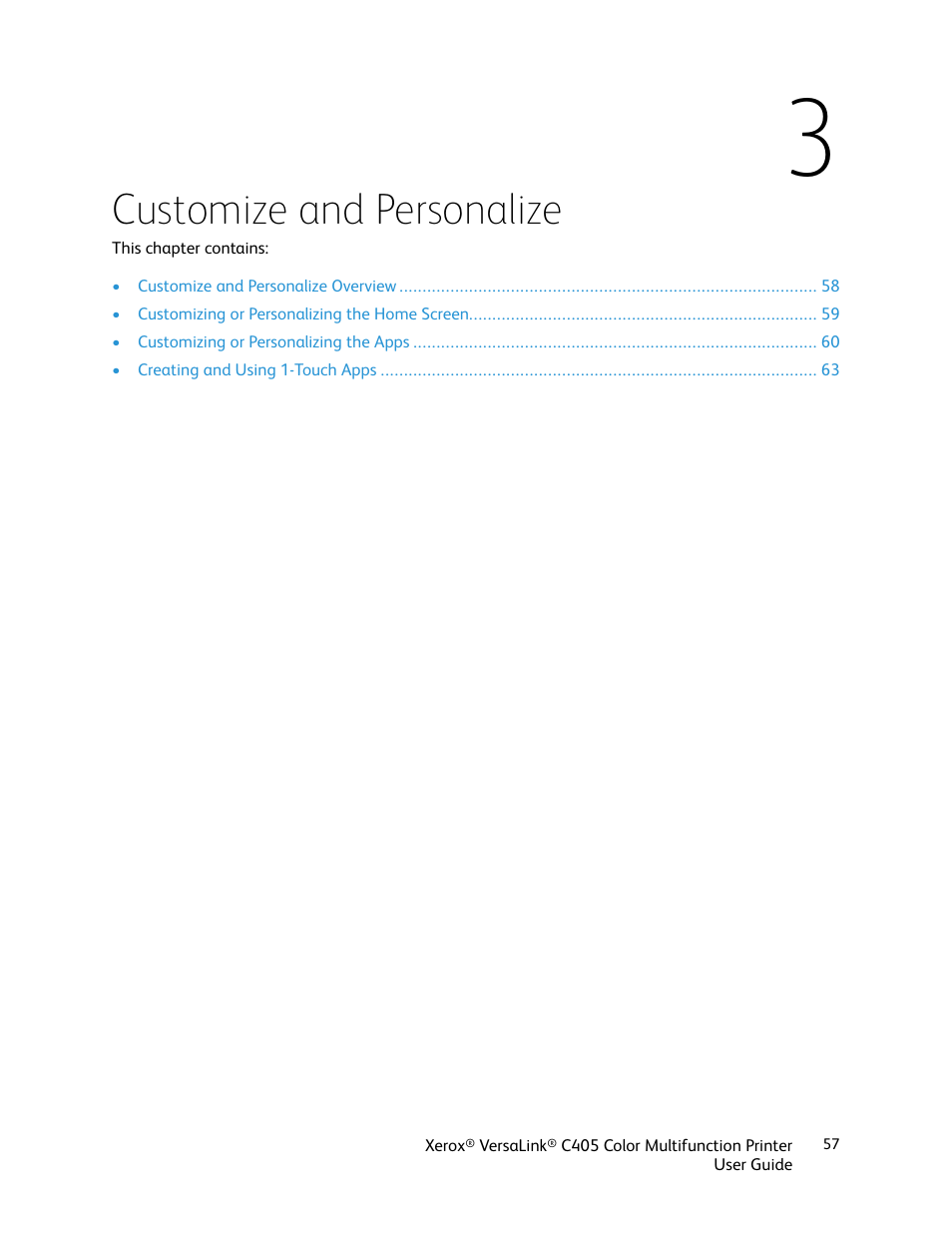 3 customize and personalize, Customize and personalize | Xerox VersaLink C405/DN All-in-One Color Laser Printer User Manual | Page 57 / 271