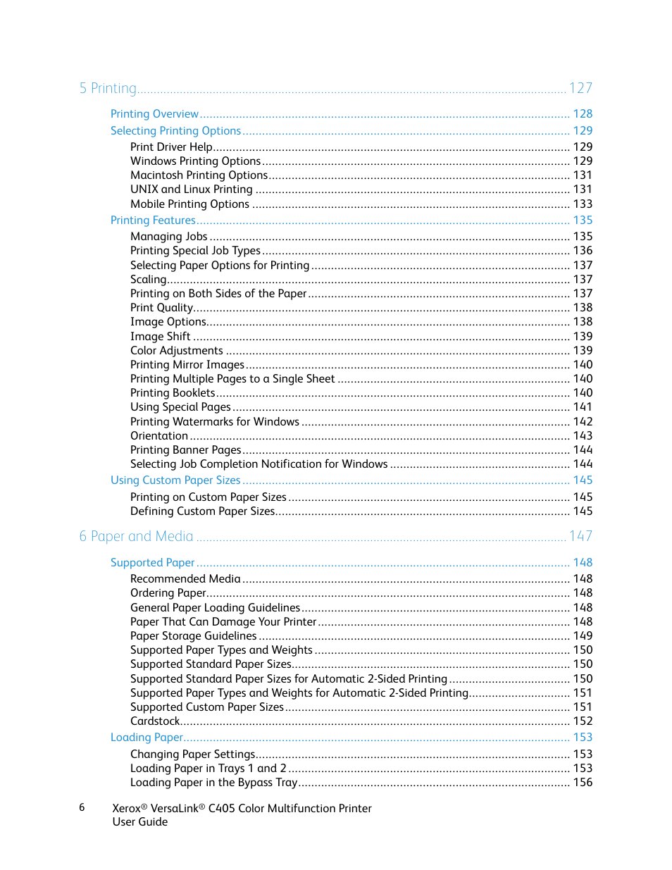 5 printing, 6 paper and media | Xerox VersaLink C405/DN All-in-One Color Laser Printer User Manual | Page 6 / 271