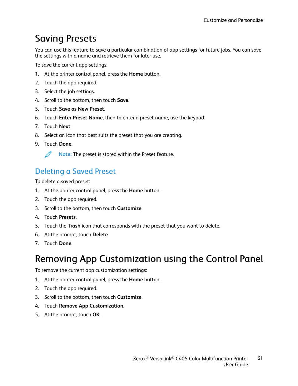 Saving presets, Deleting a saved preset, Removing app customization using the control panel | Ssaavviinngg pprreesseettss, Ddeelleettiinngg aa ssaavveedd pprreesseett | Xerox VersaLink C405/DN All-in-One Color Laser Printer User Manual | Page 61 / 271