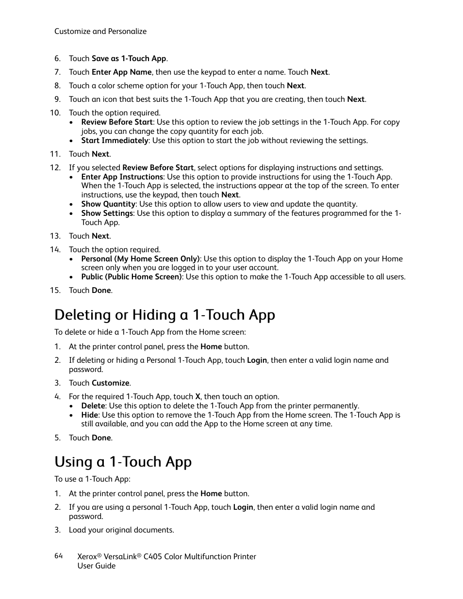 Deleting or hiding a 1-touch app, Using a 1-touch app | Xerox VersaLink C405/DN All-in-One Color Laser Printer User Manual | Page 64 / 271