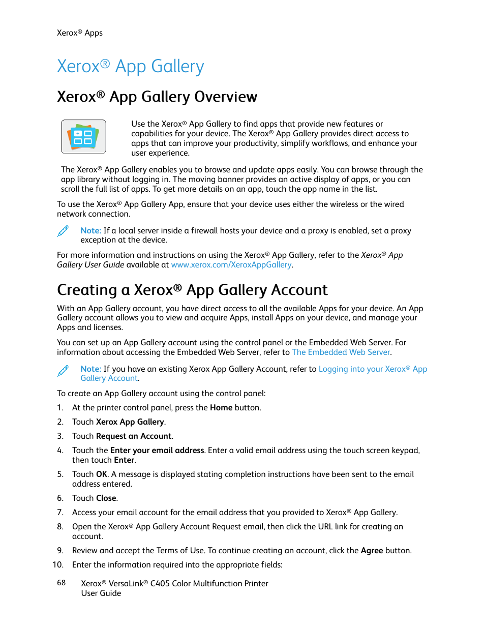 Xerox® app gallery, Xerox® app gallery overview, Creating a xerox® app gallery account | Xerox, App gallery, App gallery overview, Creating a xerox, App gallery account, Xxeerrooxx, Ccrreeaattiinngg aa xxeerrooxx | Xerox VersaLink C405/DN All-in-One Color Laser Printer User Manual | Page 68 / 271