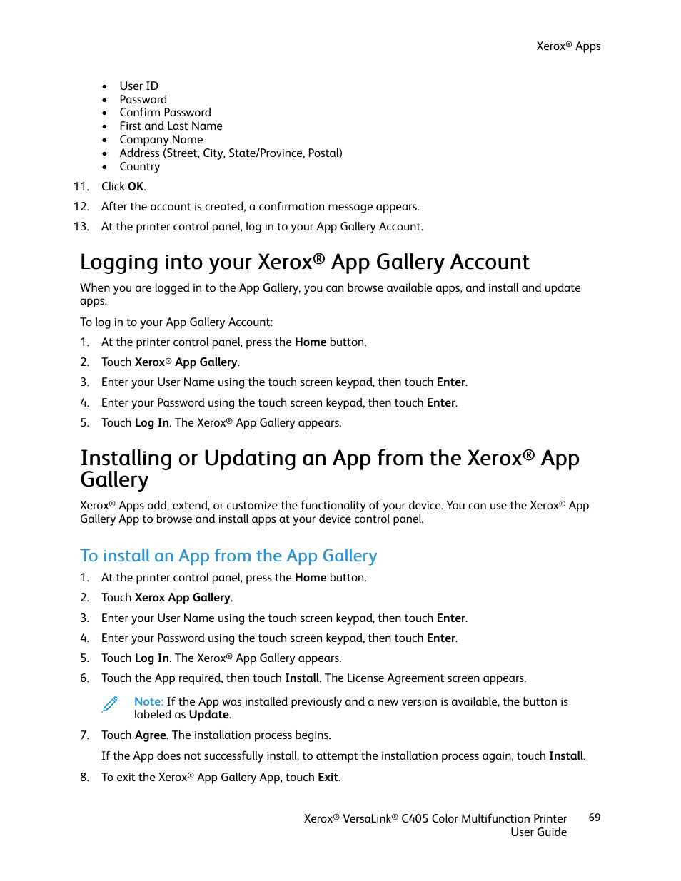 Logging into your xerox® app gallery account, To install an app from the app gallery, Logging into your xerox | App gallery account, Installing or updating an app from the xerox, App gallery, Gallery account | Xerox VersaLink C405/DN All-in-One Color Laser Printer User Manual | Page 69 / 271