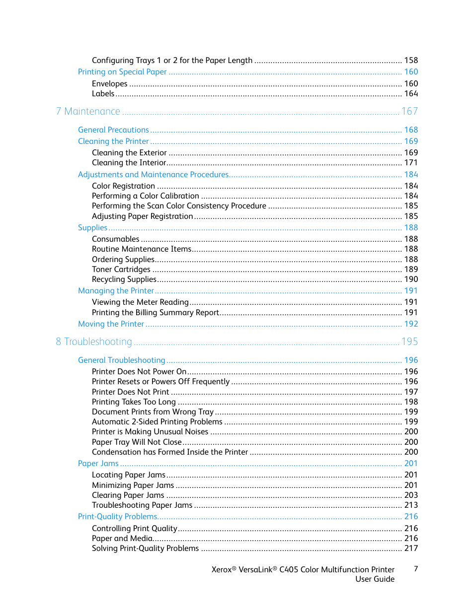 7 maintenance, 8 troubleshooting | Xerox VersaLink C405/DN All-in-One Color Laser Printer User Manual | Page 7 / 271