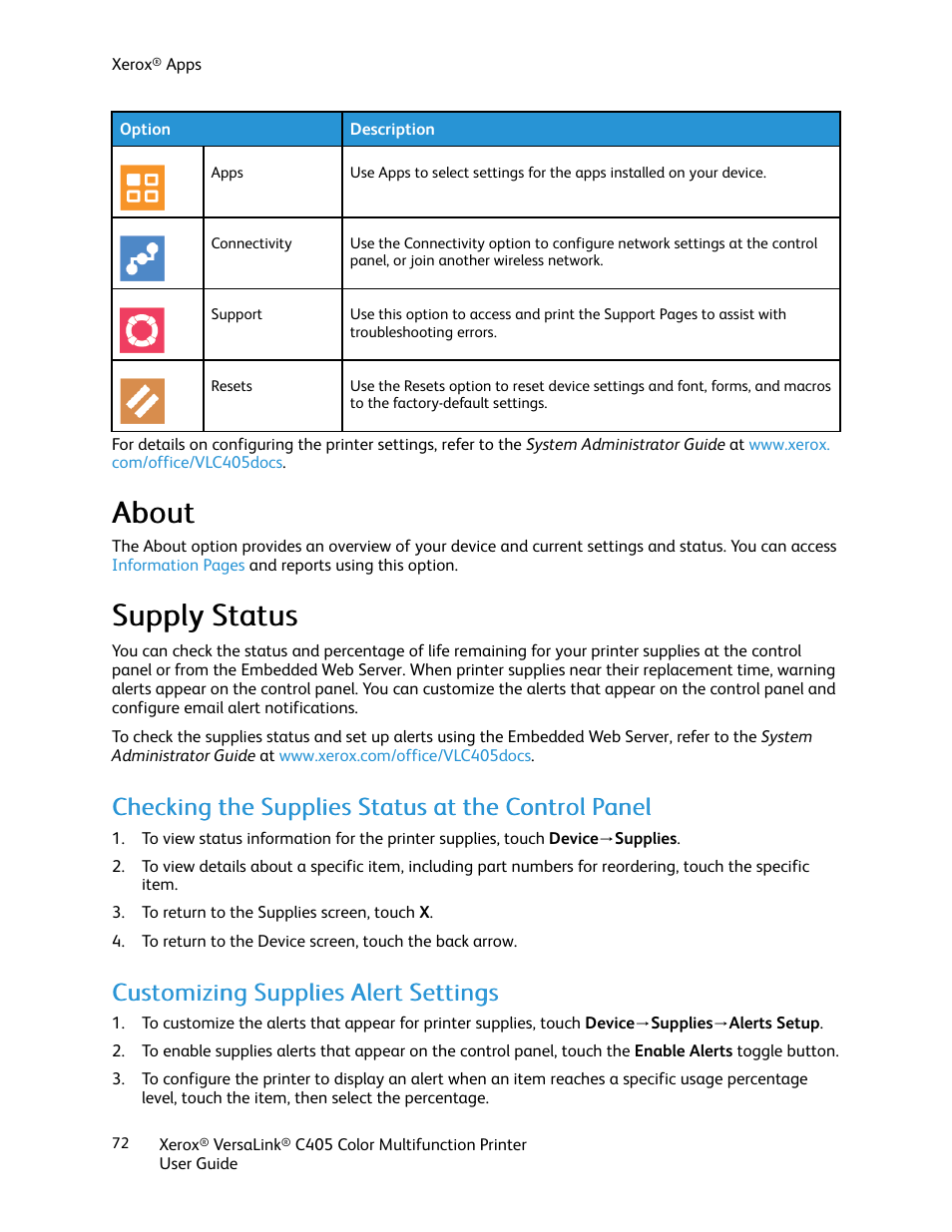 About, Supply status, Checking the supplies status at the control panel | Customizing supplies alert settings, About supply status, Aabboouutt | Xerox VersaLink C405/DN All-in-One Color Laser Printer User Manual | Page 72 / 271