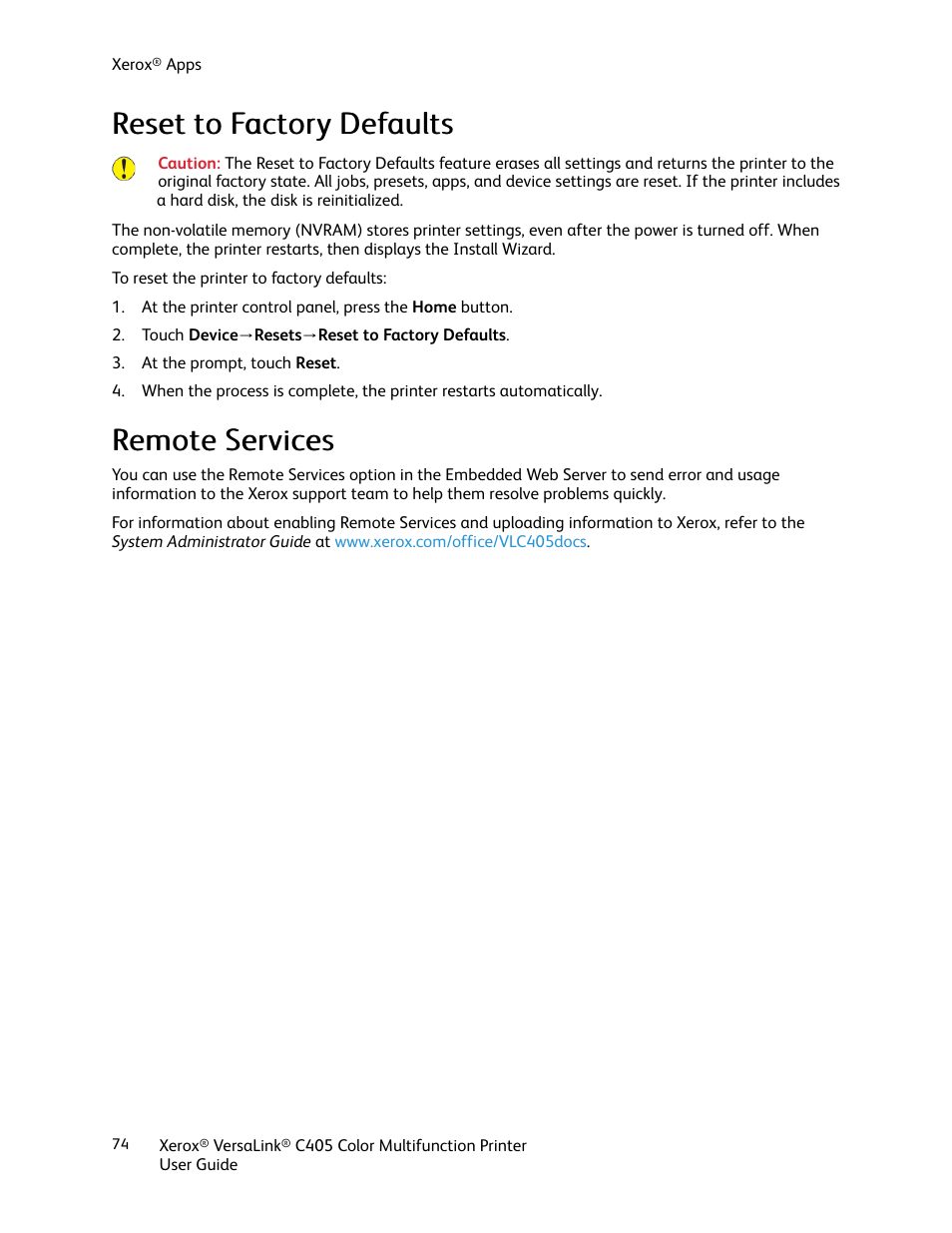 Reset to factory defaults, Remote services, Reset to factory defaults remote services | Rreesseett ttoo ffaaccttoorryy d deeffaauullttss, Rreem moottee sseerrvviicceess | Xerox VersaLink C405/DN All-in-One Color Laser Printer User Manual | Page 74 / 271