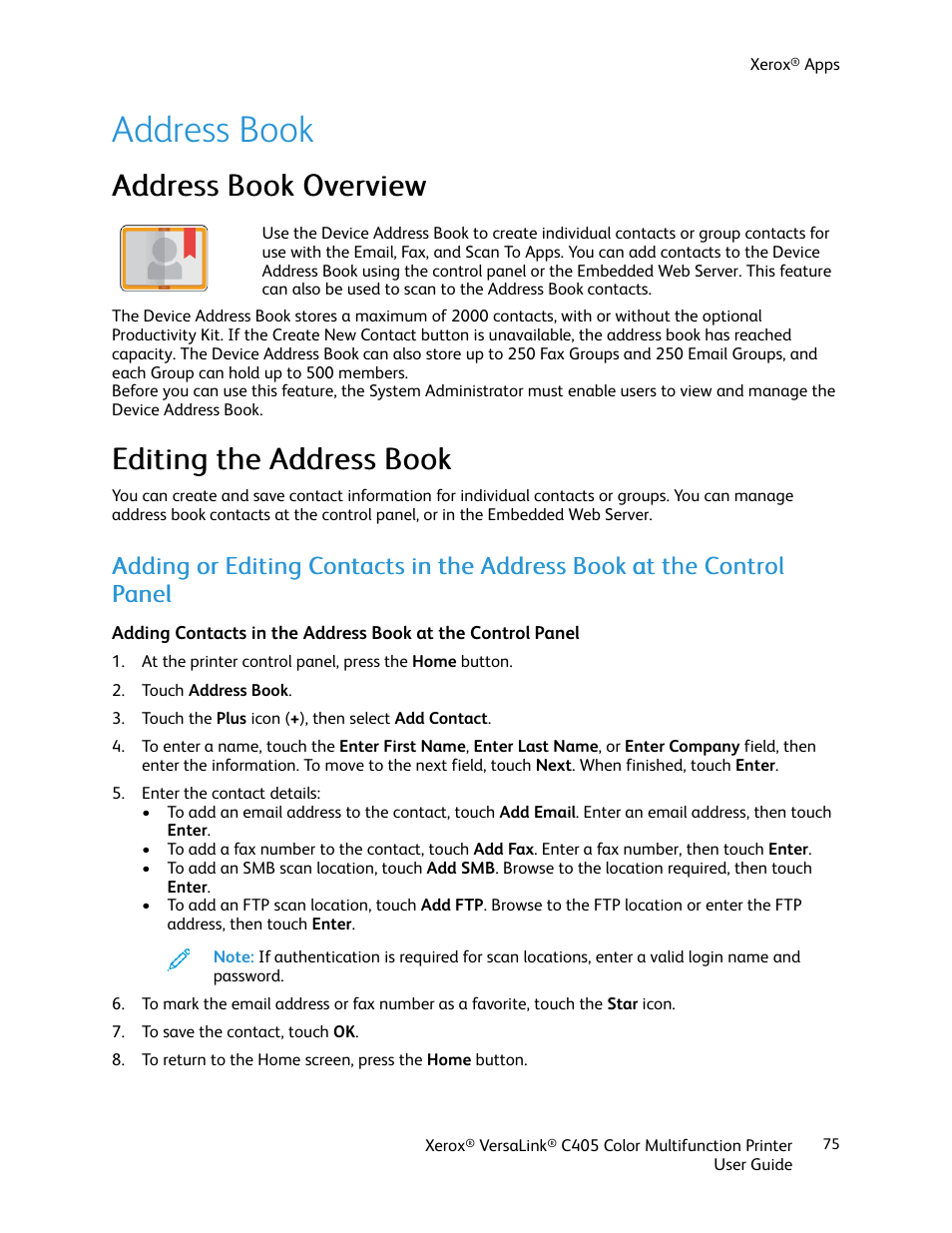 Address book, Address book overview, Editing the address book | Address book overview editing the address book | Xerox VersaLink C405/DN All-in-One Color Laser Printer User Manual | Page 75 / 271