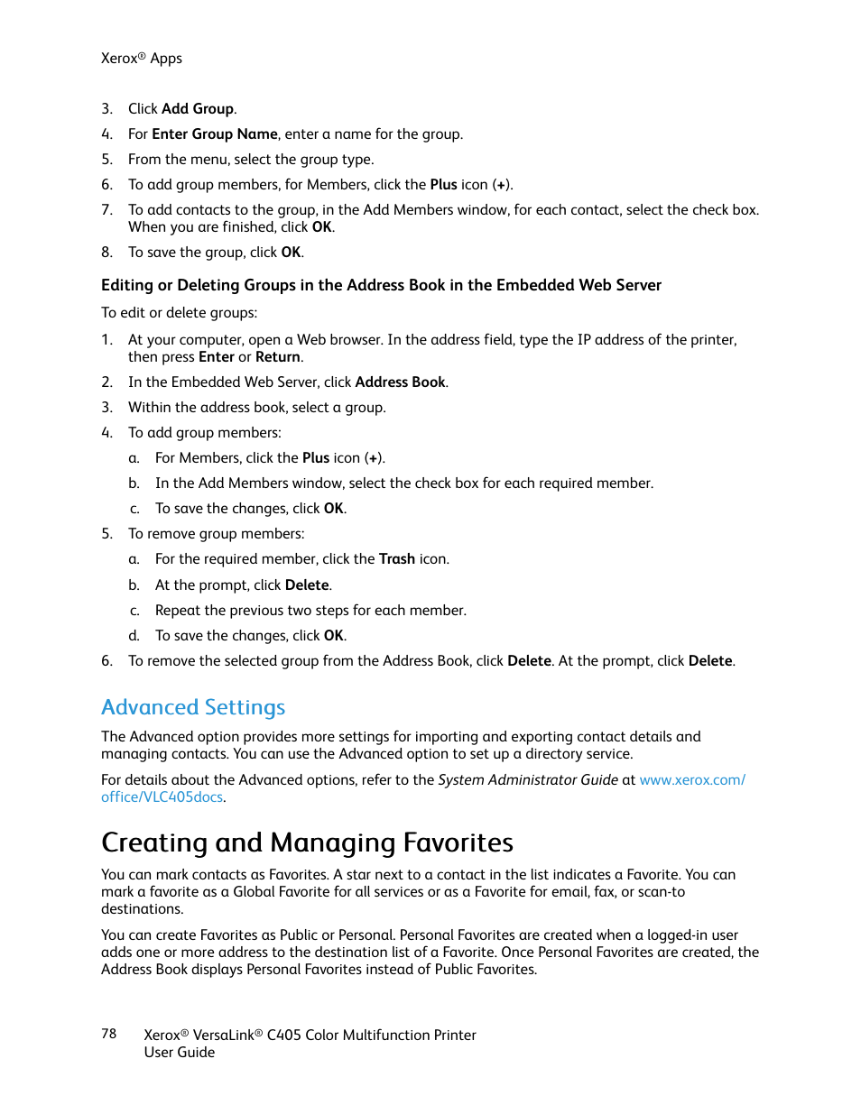 Advanced settings, Creating and managing favorites | Xerox VersaLink C405/DN All-in-One Color Laser Printer User Manual | Page 78 / 271