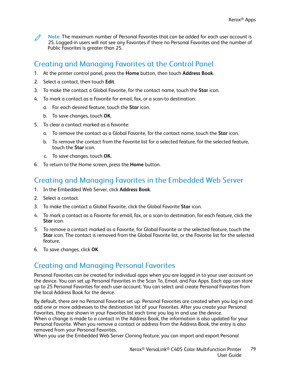 Creating and managing personal favorites | Xerox VersaLink C405/DN All-in-One Color Laser Printer User Manual | Page 79 / 271