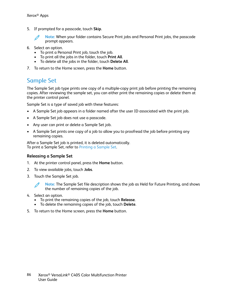 Sample set, Releasing a sample set, Ssaam mppllee sseett | Xerox VersaLink C405/DN All-in-One Color Laser Printer User Manual | Page 86 / 271