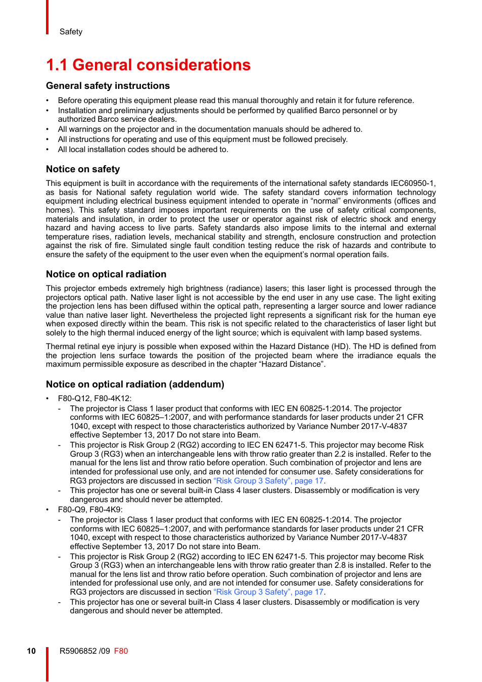 1 general considerations, General considerations | Barco F80-4K9 9000-Lumen 4K UHD DLP Laser Projector (No Lens) User Manual | Page 10 / 210