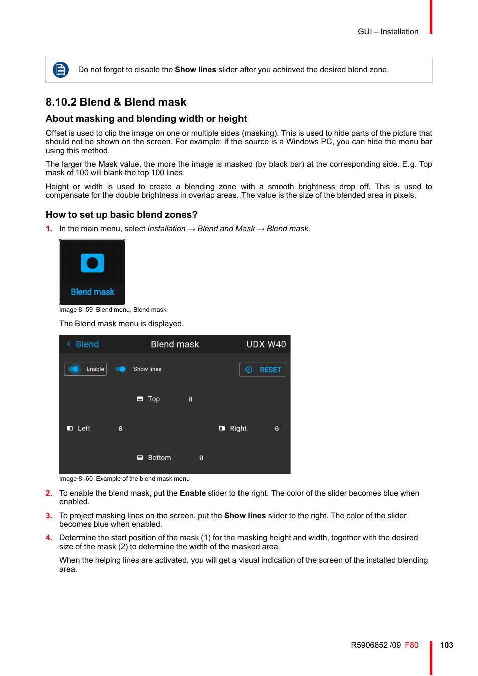 2 blend & blend mask, Blend & blend mask, About masking and blending width or height | How to set up basic blend zones | Barco F80-4K9 9000-Lumen 4K UHD DLP Laser Projector (No Lens) User Manual | Page 103 / 210