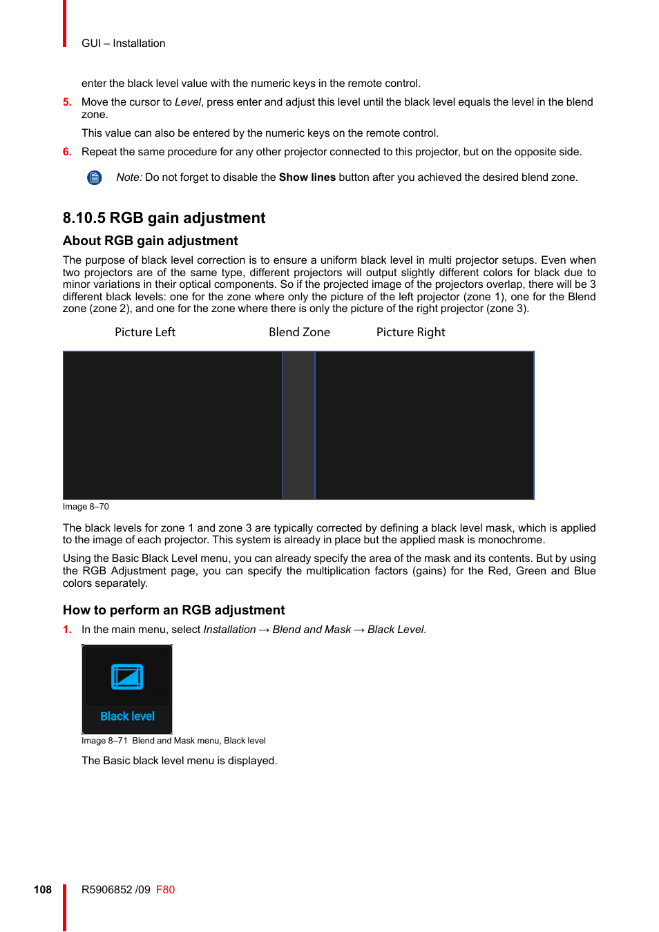 5 rgb gain adjustment, Rgb gain adjustment, About rgb gain adjustment | How to perform an rgb adjustment | Barco F80-4K9 9000-Lumen 4K UHD DLP Laser Projector (No Lens) User Manual | Page 108 / 210