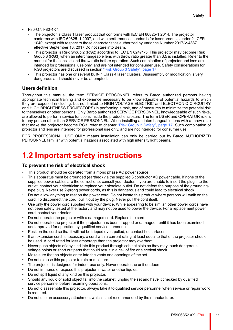 2 important safety instructions, Important safety instructions, Users definition | Barco F80-4K9 9000-Lumen 4K UHD DLP Laser Projector (No Lens) User Manual | Page 11 / 210