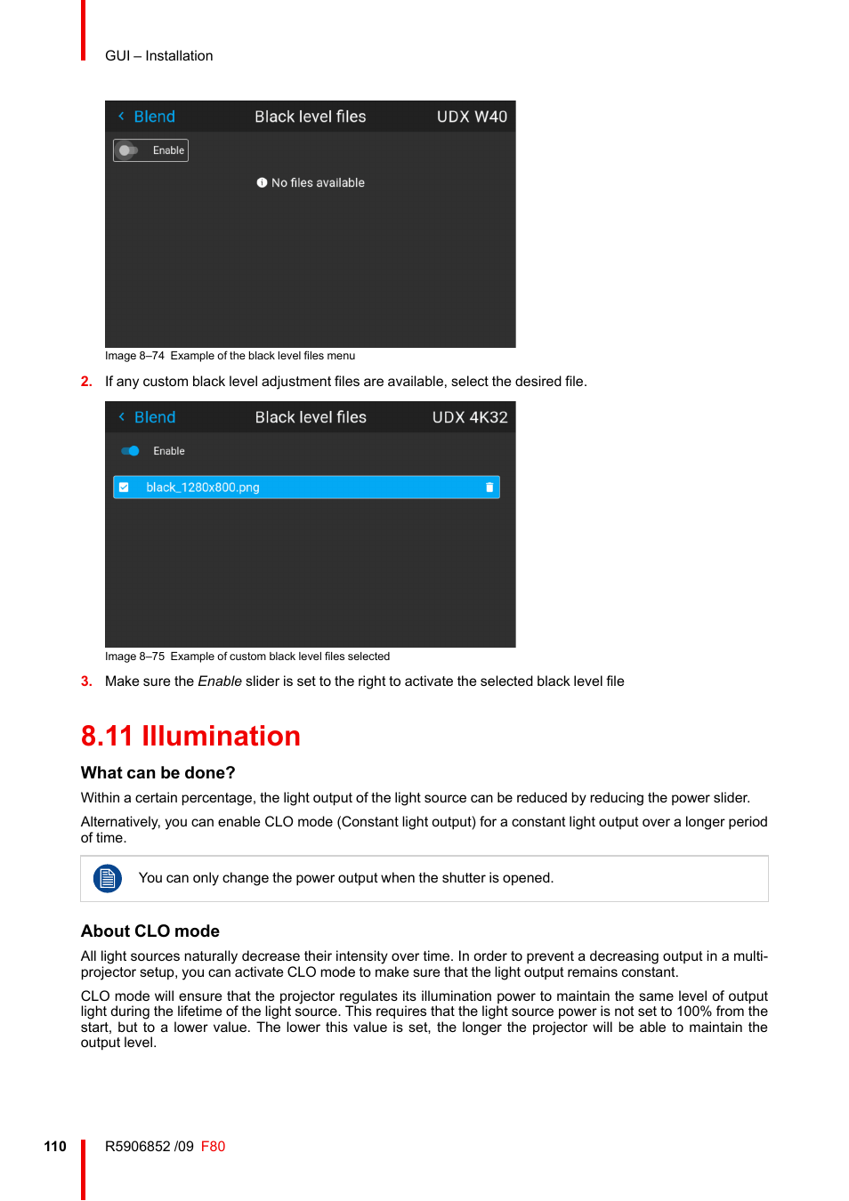 11 illumination, Illumination | Barco F80-4K9 9000-Lumen 4K UHD DLP Laser Projector (No Lens) User Manual | Page 110 / 210