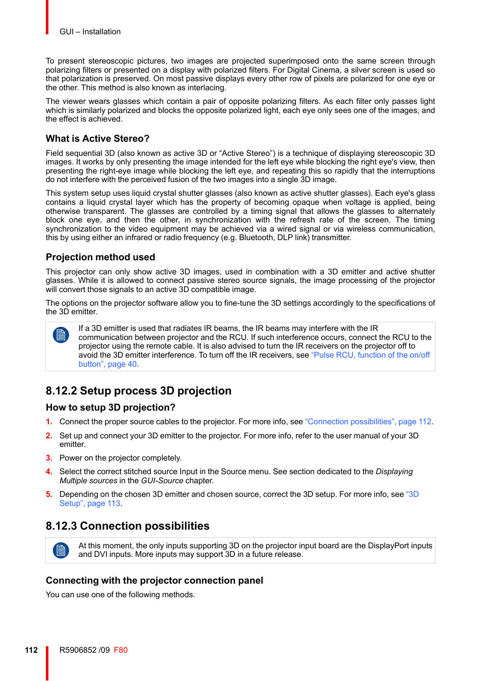 2 setup process 3d projection, 3 connection possibilities, Setup process 3d projection | Connection possibilities | Barco F80-4K9 9000-Lumen 4K UHD DLP Laser Projector (No Lens) User Manual | Page 112 / 210