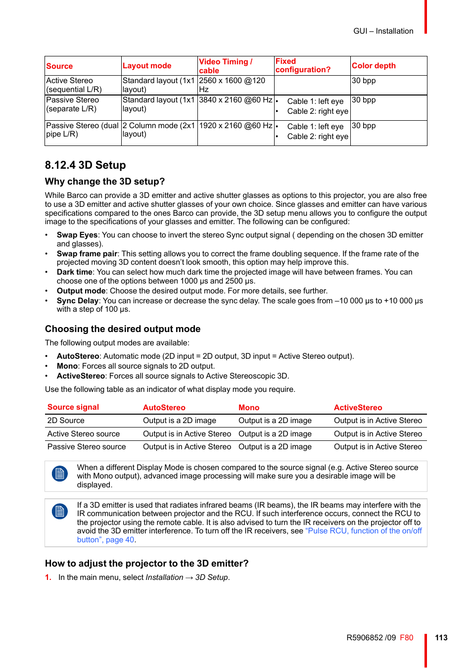 4 3d setup, 3d setup, Why change the 3d setup | Choosing the desired output mode, How to adjust the projector to the 3d emitter | Barco F80-4K9 9000-Lumen 4K UHD DLP Laser Projector (No Lens) User Manual | Page 113 / 210