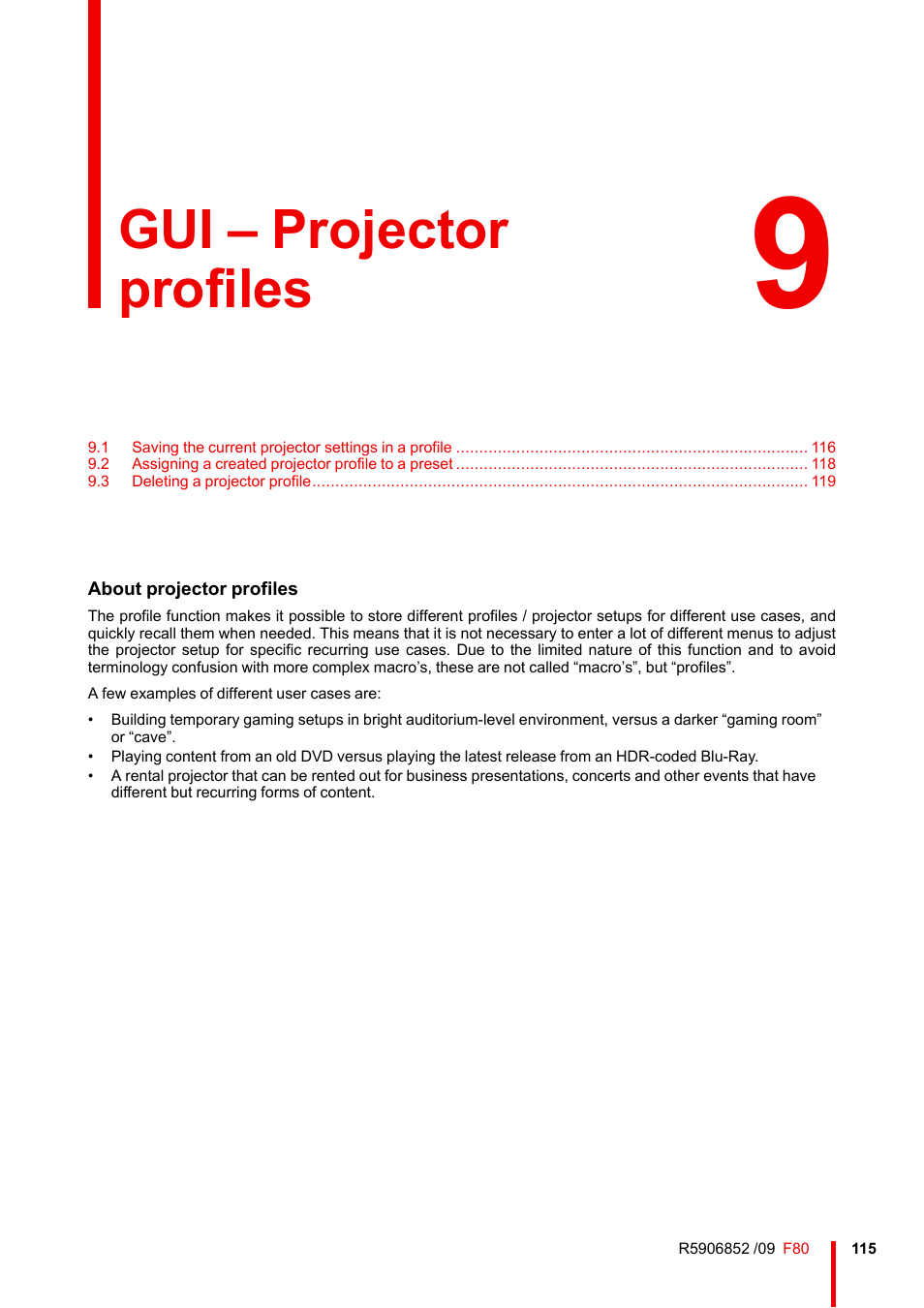 9 gui – projector profiles, Gui – projector profiles | Barco F80-4K9 9000-Lumen 4K UHD DLP Laser Projector (No Lens) User Manual | Page 115 / 210