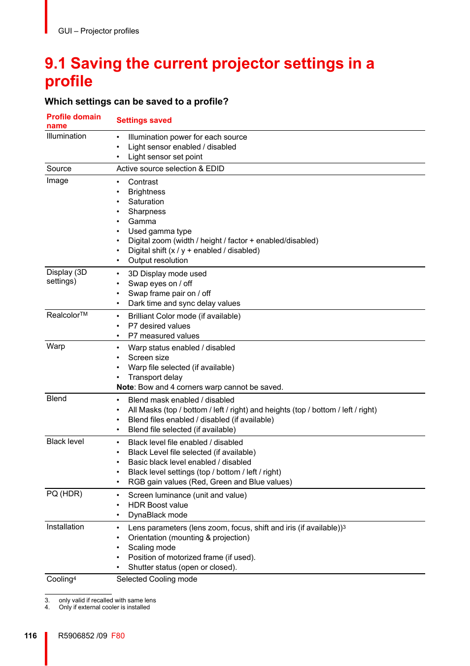 Saving the current projector settings in a profile, Which settings can be saved to a profile | Barco F80-4K9 9000-Lumen 4K UHD DLP Laser Projector (No Lens) User Manual | Page 116 / 210