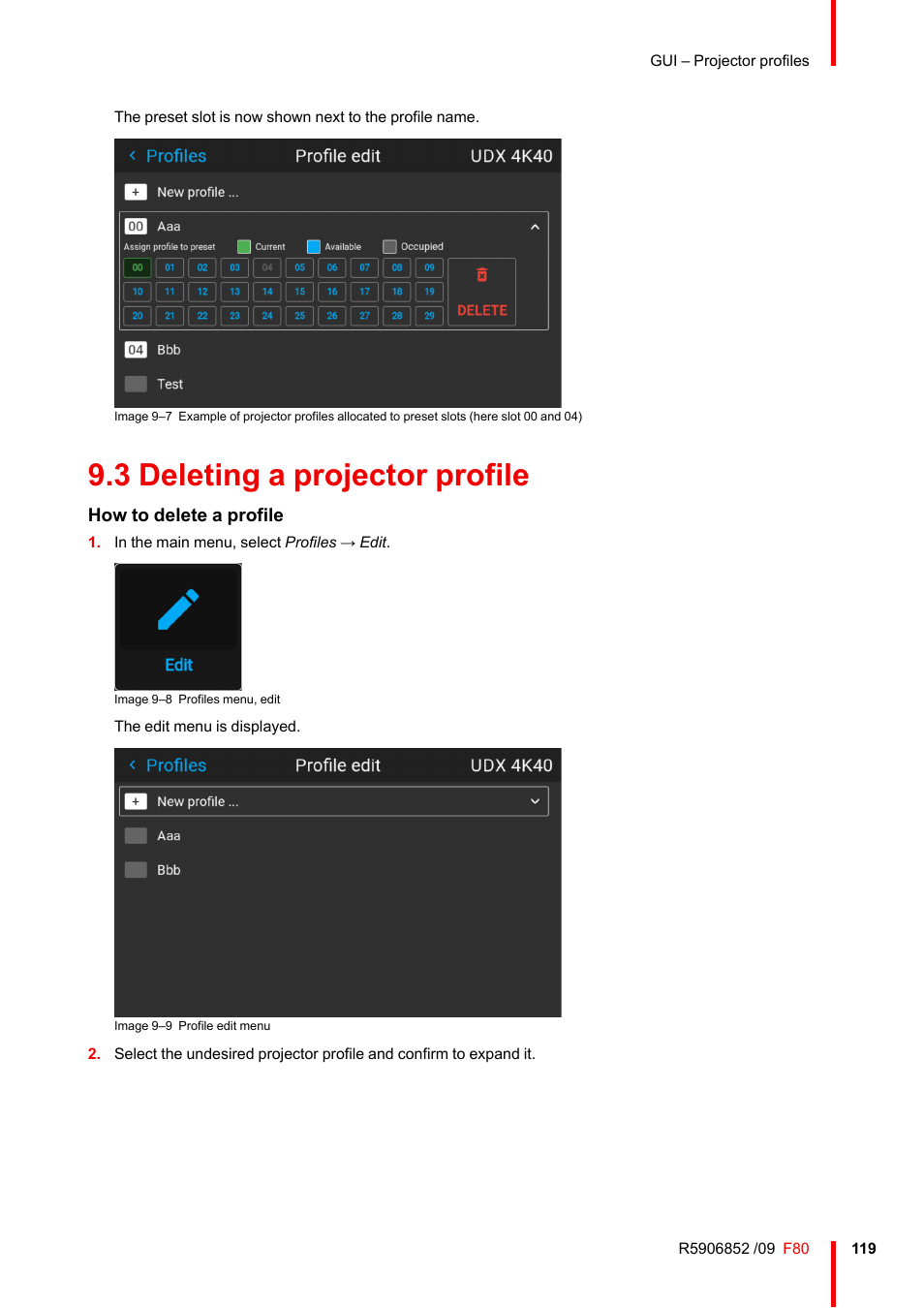 3 deleting a projector profile, Deleting a projector profile | Barco F80-4K9 9000-Lumen 4K UHD DLP Laser Projector (No Lens) User Manual | Page 119 / 210