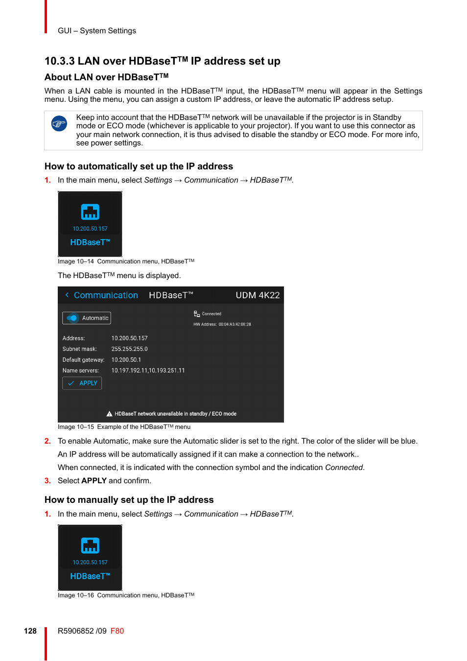 3 lan over hdbasettm ip address set up, Lan over hdbaset, Ip address set up | 3 lan over hdbaset, About lan over hdbaset, How to automatically set up the ip address, How to manually set up the ip address | Barco F80-4K9 9000-Lumen 4K UHD DLP Laser Projector (No Lens) User Manual | Page 128 / 210