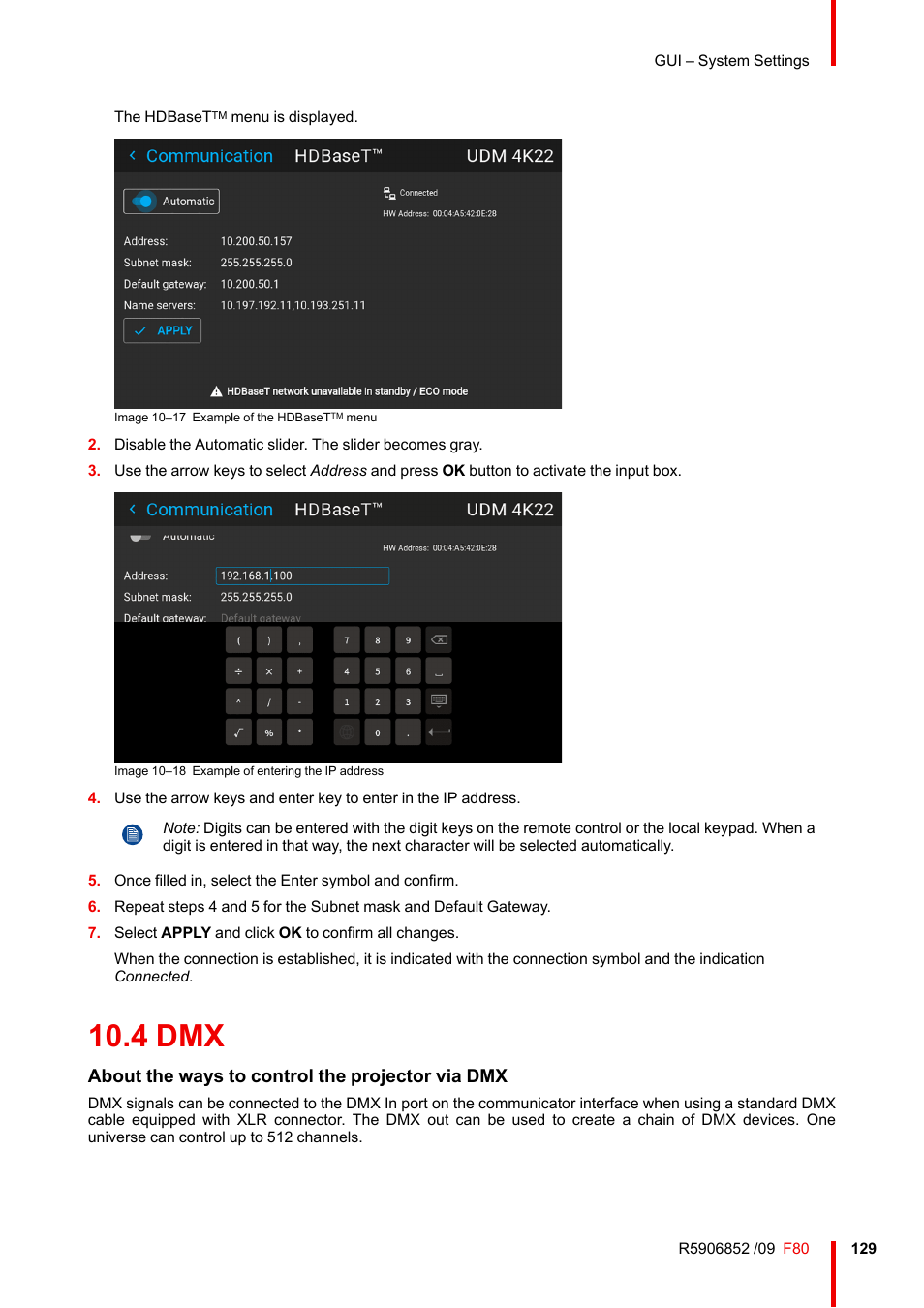 4 dmx, About the ways to control the projector via dmx | Barco F80-4K9 9000-Lumen 4K UHD DLP Laser Projector (No Lens) User Manual | Page 129 / 210