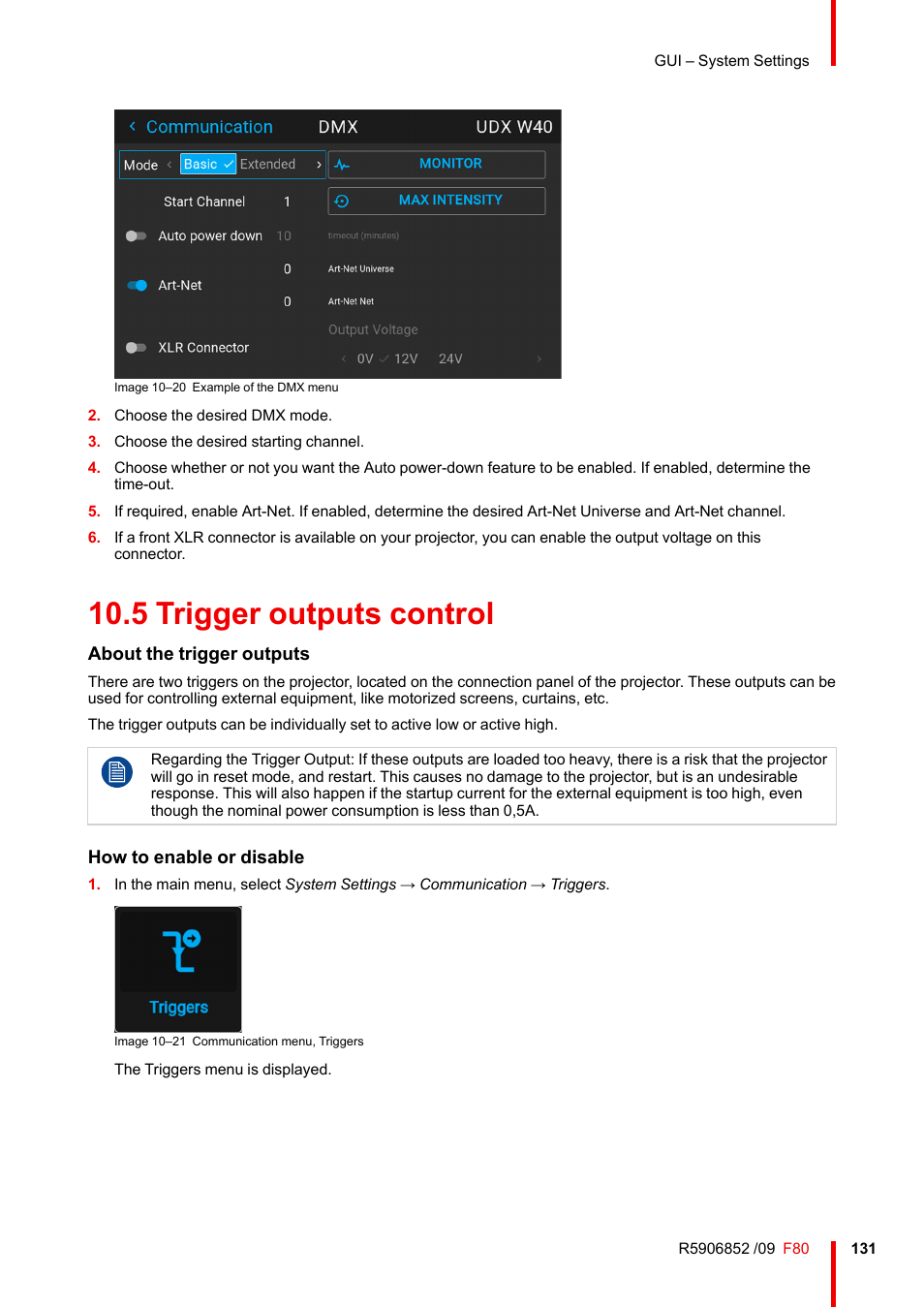 5 trigger outputs control, Trigger outputs control | Barco F80-4K9 9000-Lumen 4K UHD DLP Laser Projector (No Lens) User Manual | Page 131 / 210