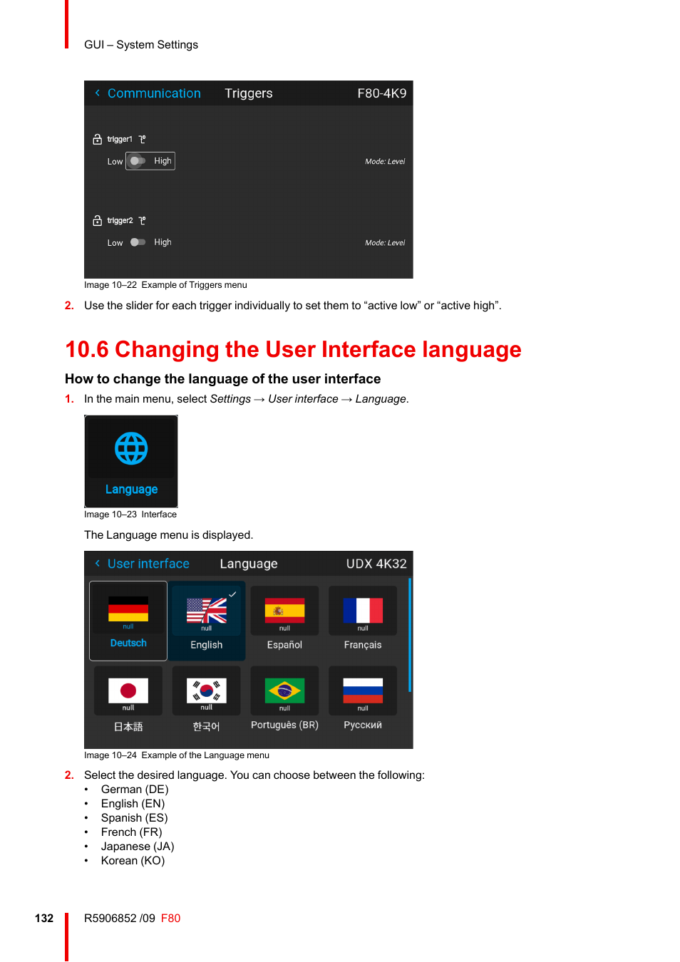 6 changing the user interface language, Changing the user interface language, How to change the language of the user interface | Barco F80-4K9 9000-Lumen 4K UHD DLP Laser Projector (No Lens) User Manual | Page 132 / 210