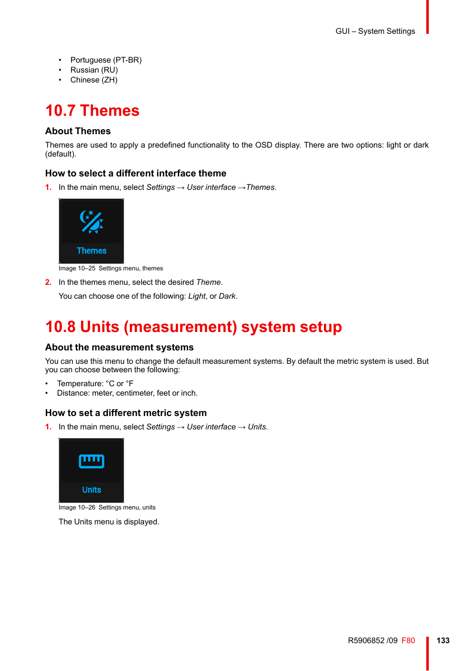 7 themes, 8 units (measurement) system setup, Themes | Units (measurement) system setup, 7 themes 10.8 units (measurement) system setup | Barco F80-4K9 9000-Lumen 4K UHD DLP Laser Projector (No Lens) User Manual | Page 133 / 210