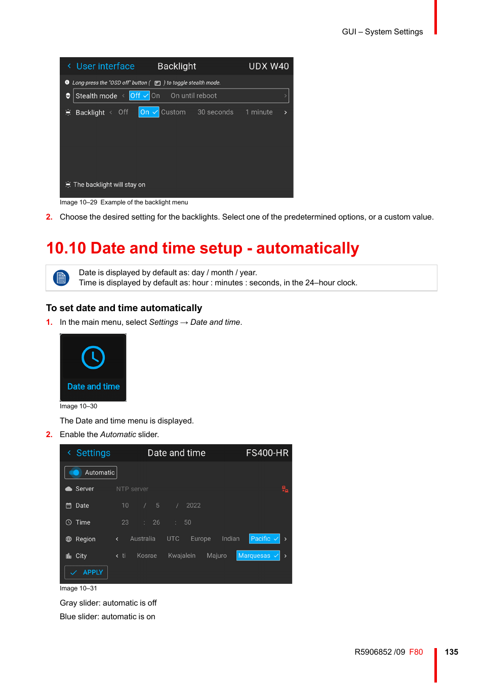 10 date and time setup - automatically | Barco F80-4K9 9000-Lumen 4K UHD DLP Laser Projector (No Lens) User Manual | Page 135 / 210