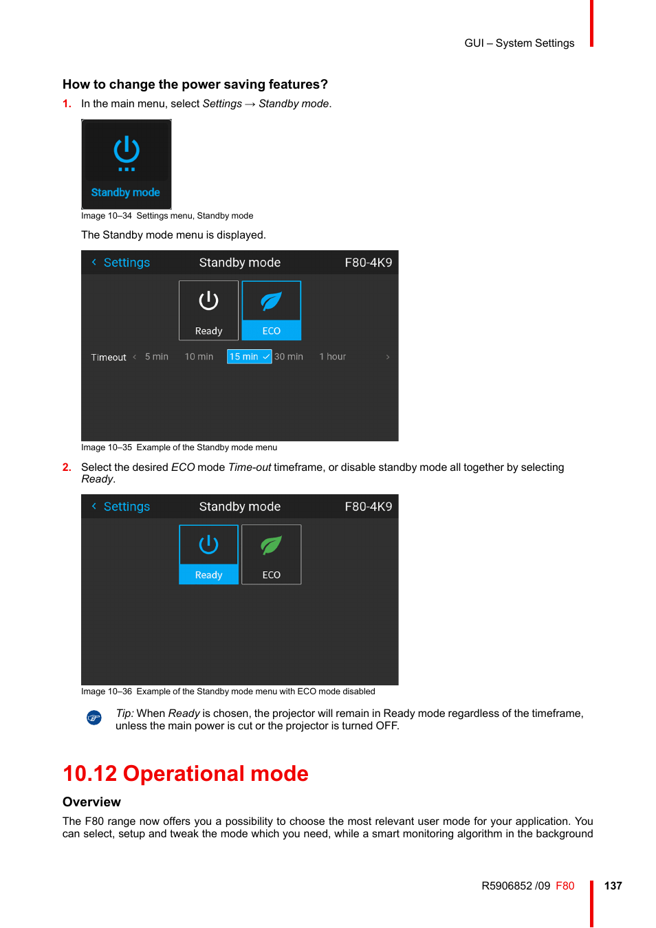 12 operational mode, How to change the power saving features, Overview | Barco F80-4K9 9000-Lumen 4K UHD DLP Laser Projector (No Lens) User Manual | Page 137 / 210